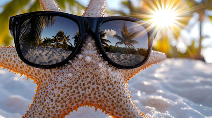A close-up macro view of a textured starfish face with black sunglasses reflecting palm trees, sunlight flaring over white sand