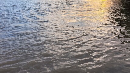 Sunlight reflects and shimmers across the surface of a river or ocean at dusk