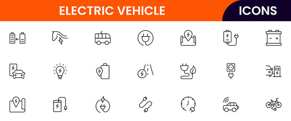 Electric vehicle web line icon collection, sleek, vector illustrations featuring stations, batteries, and eco-friendly symbols, perfect for sustainable tech designs.