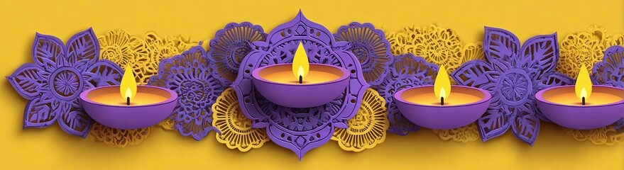 Diwali, festival of lights holiday banner with paper cut style of Indian Rangoli and diya - oil lamp. Purple color on yellow background. Vector illustration. High quality