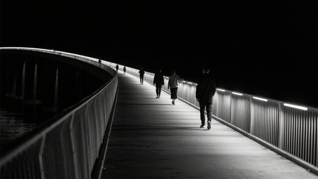 Nighttime Walk on a Lit Bridge