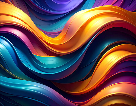 Bold and dynamic 3D abstract background with intense wave patterns in orange, blue, pink, and purple. Deep shadows and highlights enhance the energetic flow.