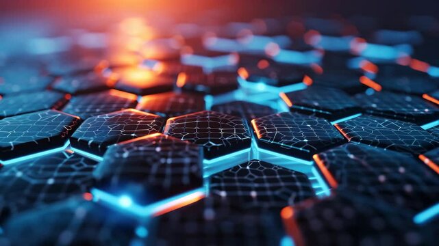 A futuristic hexagonal grid with glowing blue and orange lights, representing advanced technology