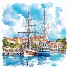 Nelson&rsquo;s Dockyard. Nelson&rsquo;s Dockyard hand drawn watercolor illustration