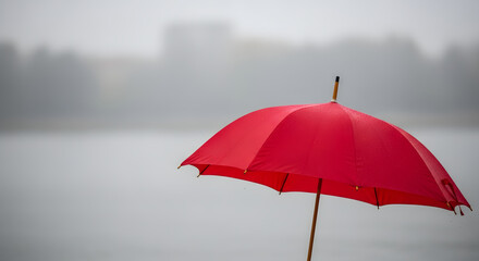 Obraz premium A solitary red umbrella provides a pop of color against a grey blurry and rainy background