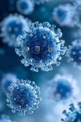 3D illustration of microscopic view of floating influenza virus cells on the air, Coronavirus, Flu outbreak, Microscopic structure of the virus with spiky protein surfaces	