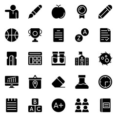 Collection of Basic School Related Vector Solid Icons. Contains Icons like Bag, Bell, Biology, Board and more. Editable stroke. 48x48 pixels