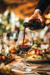 Close up a waiter hand pouring red wine in glasses for wine on the table in restaurant