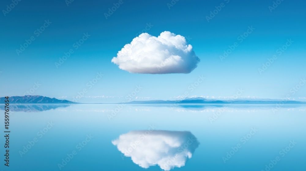 Poster cloud above a calm lake, mirroring perfectly to create a scene of still reflection.