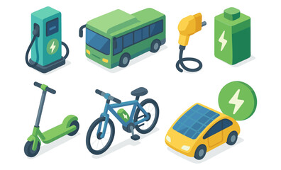 Sustainable transportation icons featuring electric vehicles, charging stations, eco-friendly bikes, and green energy accessories