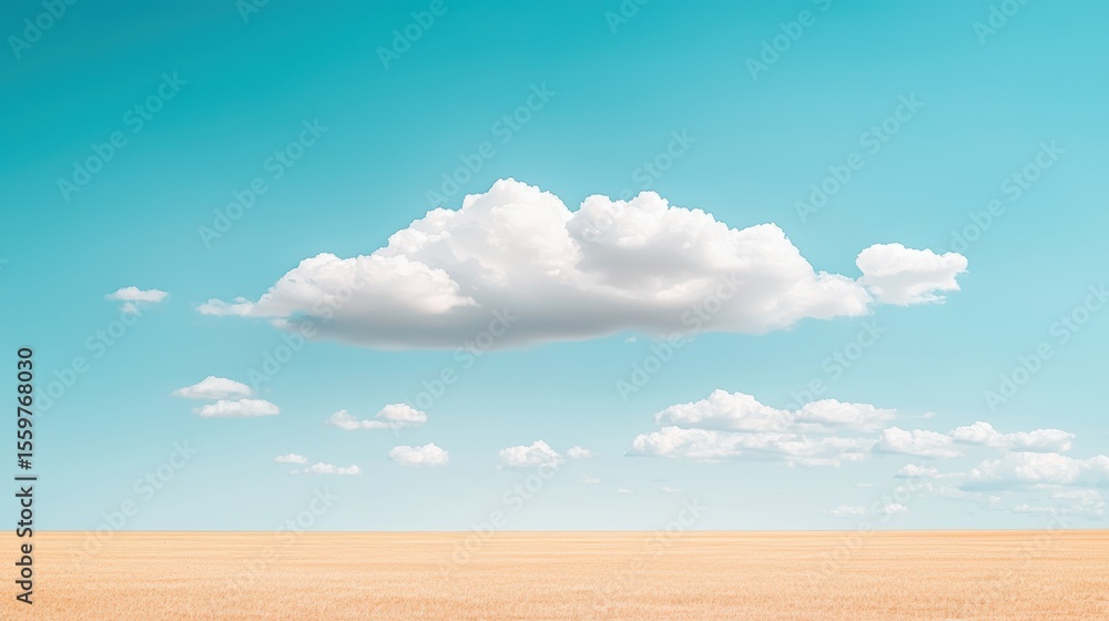 Poster scenic view with soft white clouds drifting across a wide blue sky above open fields.