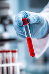 Close up a doctor hand in glove holding a medical test tube for use in diagnosing diseases in patients, medical equipment from the lab at the hospital


