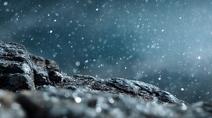 Ground level shot of mountain cliff under heavy hailstorm sharp icy pellet bouncing off rock intense storm cloud backdrop extreme precipitation landscape cold grey sky background 