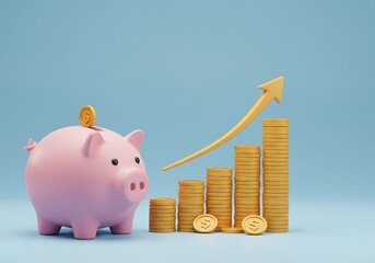3D rendering of a piggy bank and growing stacks of golden coins arranged like a rising chart, set against a pink backdrop to represent savings and future financial strategy.