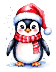 Fototapeta premium cute penguin in santa hat watercolor illustration holiday card.
