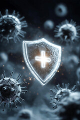 A glowing medical protection shield surrounded by virus cells, symbolizing health and safety measures against disease