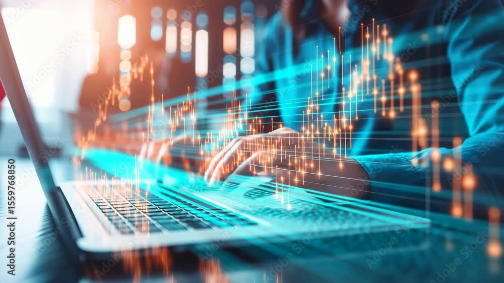 Poster digital financial data streams from a laptop keyboard.