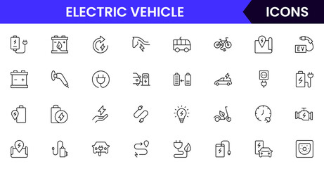 Electric vehicle web line icon collection, sleek, vector illustrations featuring stations, batteries, and eco-friendly symbols, perfect for sustainable tech designs.