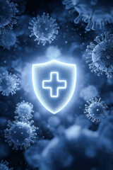 A glowing medical protection shield surrounded by virus cells, symbolizing health and safety measures against disease