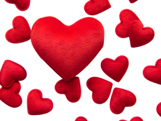 Numerous plush red hearts scattered across a black background isolated on a transparent background