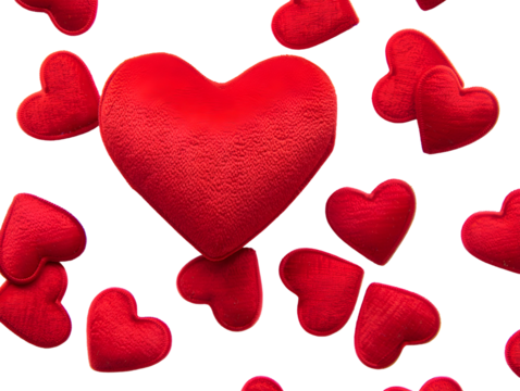Numerous plush red hearts scattered across a black background isolated on a transparent background
