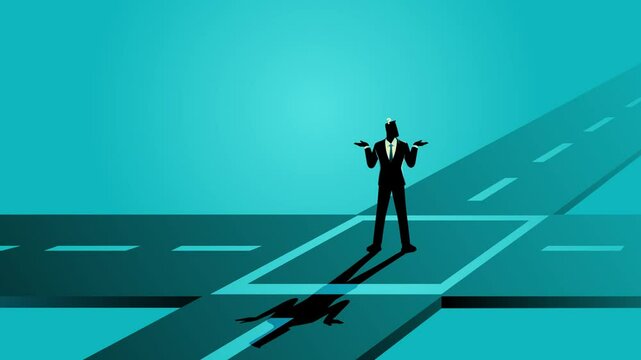 Businessman Confused at Crossroads, decision making and uncertainty concept motion graphic