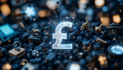 Glowing pound sterling symbol amidst miniature objects, showing finance, currency, and wealth with digital and technological elements in a conceptual design.