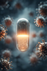 A glowing capsule pill surrounded by virus cells senescent

