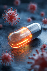 A glowing capsule pill surrounded by virus cells senescent

