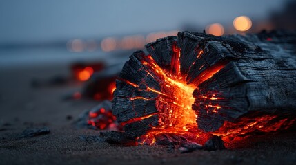 Glowing embers emerge from a burnt log on a sandy beach at dusk
