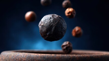 Slow-motion peppercorns rising above a rustic bowl culinary scene dramatic lighting
