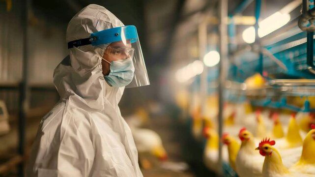 A farm worker in full personal protective equipment oversees chickens in a poultry farm.
