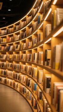 Curved Bookshelves Illuminated with Warm Lighting in a Modern Library