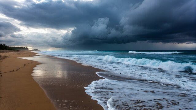 A beach scene with dark storm clouds over the ocean and waves crashing on the sandy shoreline view
