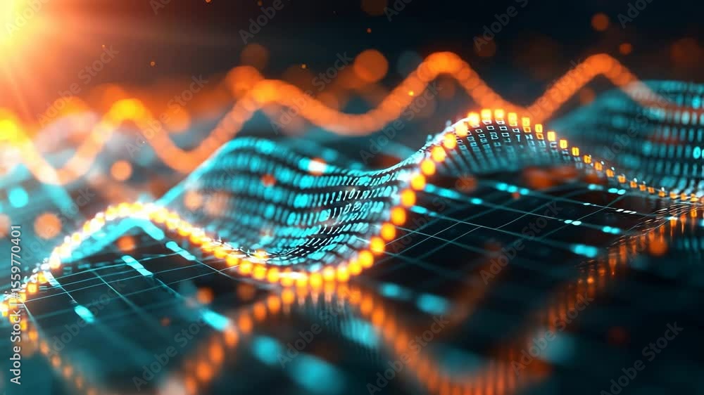 Poster a vibrant abstract visualization displays glowing, undulating waves representing data or energy.