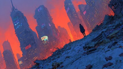 Dramatic cyberpunk cityscape neon graffiti and urban ruins in digital art