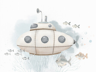 Watercolor submarine with fishes and sea plants on texture, cute cartoon illustration for your design baby print, cards or mural.