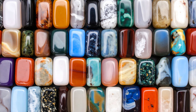 Close-up of Smooth, Rectangular Cabochon Gemstones in a Colorful and Diverse Array