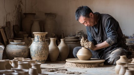 Man making pottery using wheel