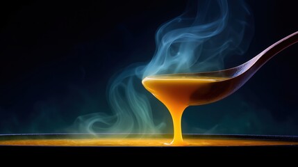 Pouring golden honey kitchen table food photography dark background close-up culinary art