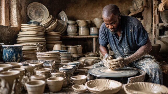 Man making pottery using wheel