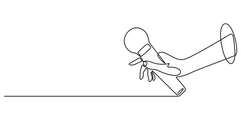 Continuous one line drawing of hand holding news microphone. Editable line, Journalist, reporter concept, This minimalist illustration represents a TV news reporter, capturing the essence of journalis