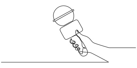 Continuous one line drawing of hand holding news microphone. Editable line, Journalist, reporter concept, This minimalist illustration represents a TV news reporter, capturing the essence of journalis
