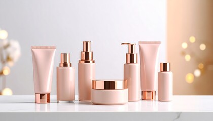 Elegant skincare product collection in pink and gold minimalist design