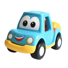 Cute blue cartoon pickup truck toy with a happy face isolated on transparent background