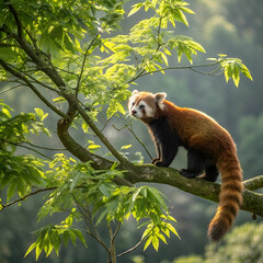 "Beautiful Endangered Red Panda Resting on a Green Tree A Rare Glimpse of This Adorable and Vulnerable Forest Dweller"