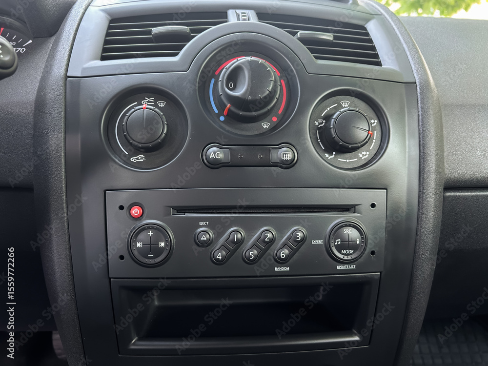 Poster a closeup view showcasing the intricate design of modern car dashboard controls, which prominently f