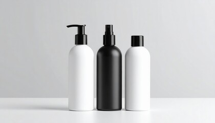 Three cosmetic bottles stand in a row against a neutral background studio shot