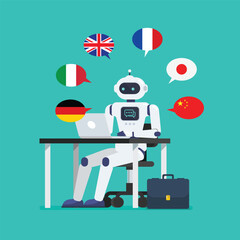 Android translator is working on a laptop computer at office desk