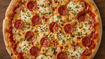 A top-down view of a pepperoni pizza fresh from the oven, gooey cheese stretching between slices, with red pepper flakes and oregano sprinkled on top.